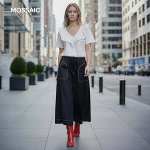 MOSSAIC Black Midi Skirt with White Stitching NWT NEW S